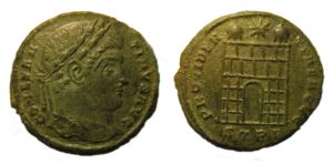 A nummus of Constantine I, with the reverse depicting camp-gates with two turrets and a star above. The reverse legend reads PROVIDENTIAE AVGG and the coin dates to AD 324-330. Copyright: Trustees of the British Museum. License: Attribution License.