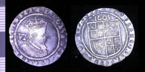 Silver sixpence of James I, dated 1605.