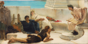 Painting titled "A reading from Homer" by Lawrence Alma-Tadema, dated 1896