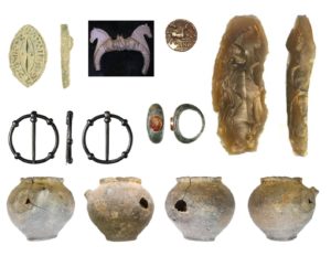 Image of 7 finds. Top row left to right are a seal matrix, a Roman buckle with horses on it, a gold Iron Age coin, a flint blade. Middle row: a circular medieval brooch, a Roman ring with an orange stone set into it. Bottom row: four views of a Roman pottery vessel.