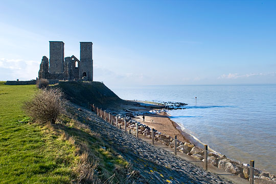 The evocative site of the abbey of Reculver, founded in 669. The towers were built in the 12th century and are still used as a seamark.