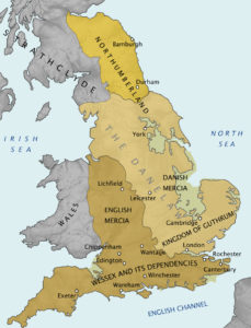 The boundaries of the Danelaw agreed between Alfred and Guthrum. From E. W. Dowe's Atlas of European History, published 1910 (Wikimedia Commons)