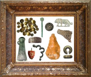 Image of archaeological finds inside a picture frame to illustrate the bigger picture theme.