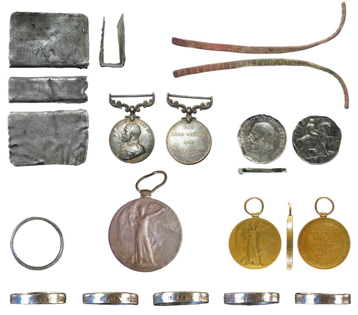 Image of seven archaeological finds relating to Remembrance.