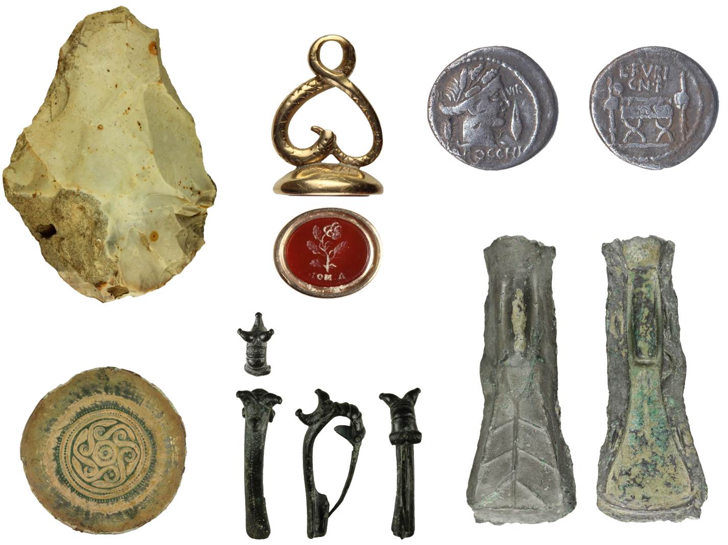 Image of seven archaeological finds from Wiltshire.