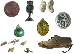 Image of seven archaeological finds with a connection to Halloween.