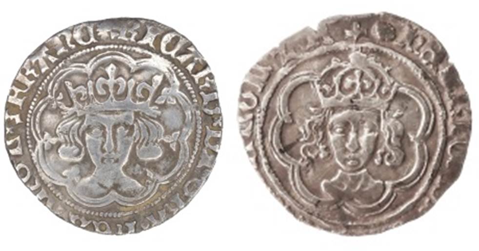 Image of two silver coins side by side. The left coin depicts Richard III and the right coin depicts Henry VII.