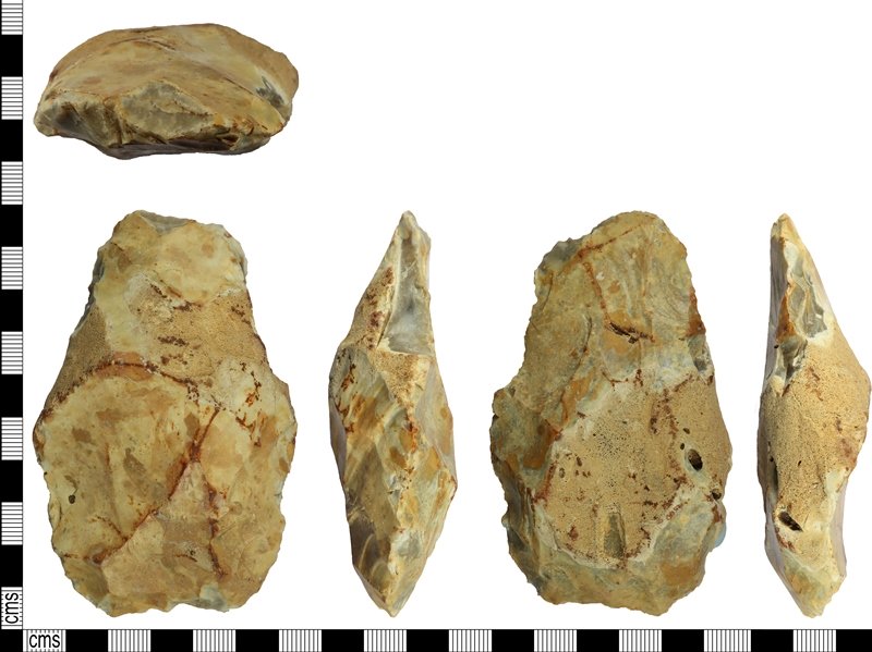 Image five views of a flint handaxe, arranged left to right.