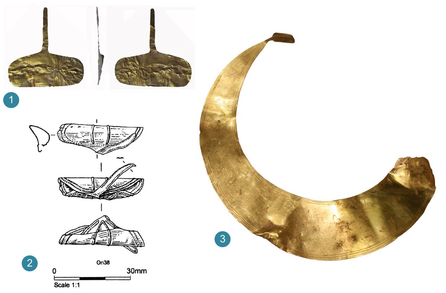 Image of three gold archaeological objects.