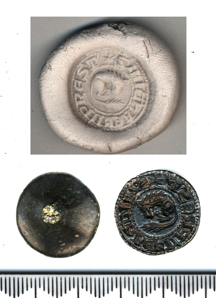 Image showing a circular seal matrix engraved with a sleeping lion curled up and facing left. A circle of inverse lettering surrounds the lion. Above this image is a stamped impression of the seal.